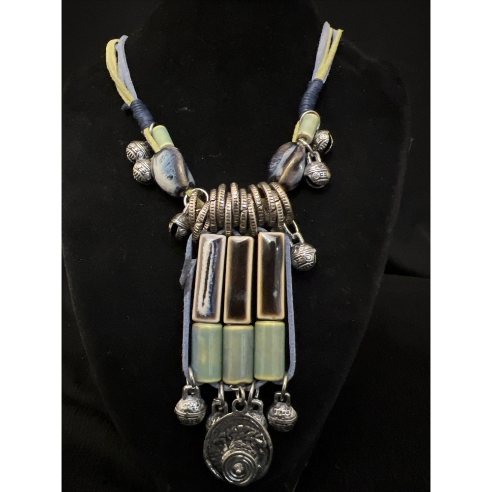 Artisan Style Ceramic Statement Necklace Boho Glazed Pottery Beads Suede Cord